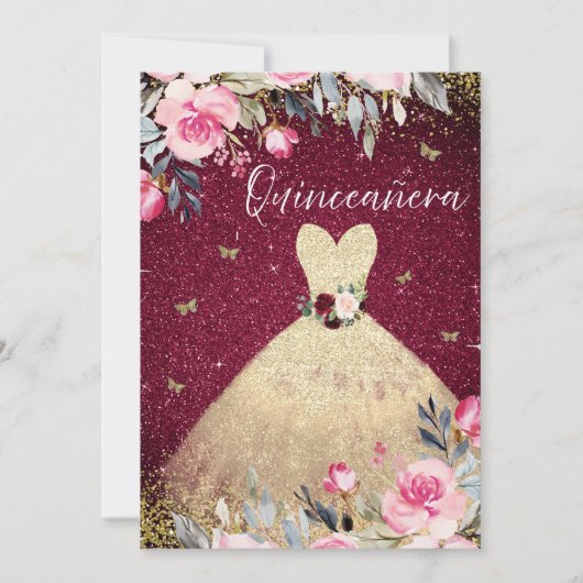 Invitation Robe Magique Or Blush Rose Floral Quinceanera (Devant)