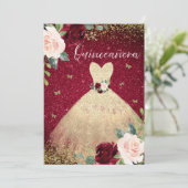 Invitation Robe Magique Or Bourgogne Rouge Floral Quinceanera (Debout devant)