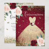 Invitation Robe Magique Or Bourgogne Rouge Floral Quinceanera (Devant / Derrière)