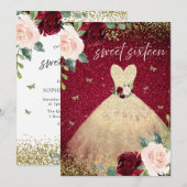Invitation Robe Magique Or Bourgogne Rouge Floral Sweet 16 (Devant / Derrière)
