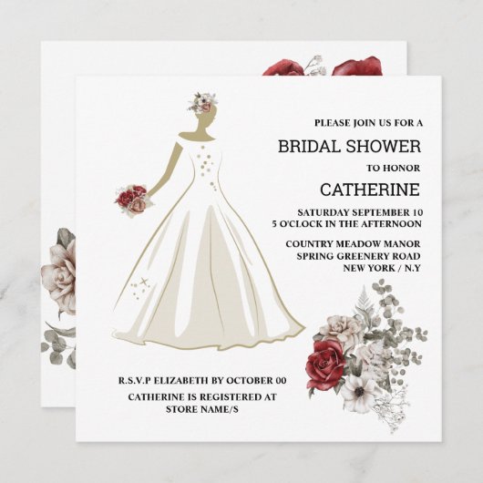 Invitation Robe mariage blanche rouge rose fleurs florales ch (Devant / Derrière)