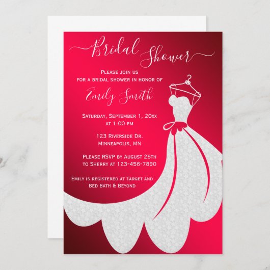 Invitation Robe Mariage blanche sur Fête des mariées rouge (Devant / Derrière)