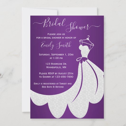 Invitation Robe Mariage blanche sur Fête des mariées violette (Devant)