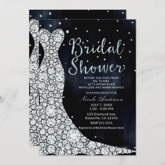 Invitation Robe Mariage Diamant Fête des mariées bleue modern (Devant / Derrière)