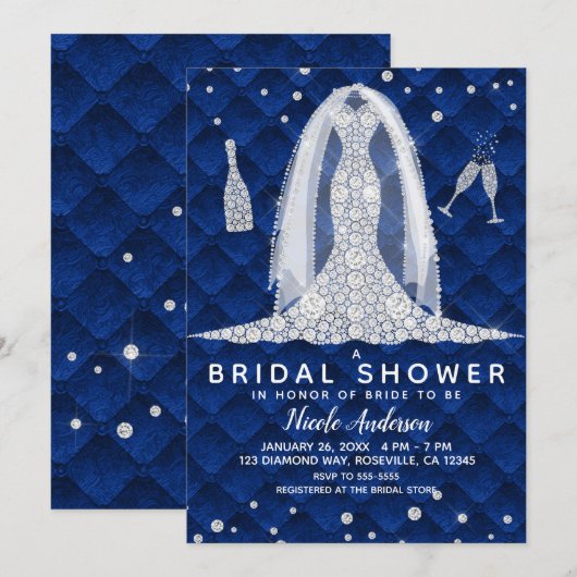 Invitation Robe Mariage diamant Fête des mariées bleue royale (Devant / Derrière)