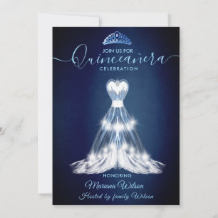 Invitation Robe moderne bleu nuit adorable tiara Quince