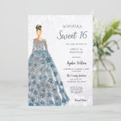 Invitation Robe mousseuse bleu argent Douce 16 anniversaire I (Debout devant)