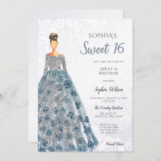 Invitation Robe mousseuse bleu argent Douce 16 anniversaire I (Devant / Derrière)