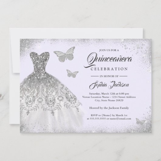 Invitation Robe mousseuse en argent violet papillon Quinceane (Devant)
