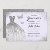 Invitation Robe mousseuse en argent violet papillon Quinceane (Devant / Derrière)