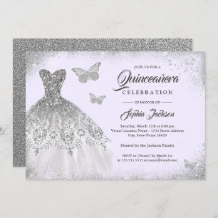 Invitation Robe mousseuse en argent violet papillon Quinceane