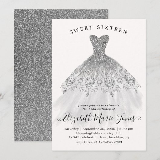 Invitation Robe mousseuse Parties scintillant argent Douce 16 (Devant / Derrière)