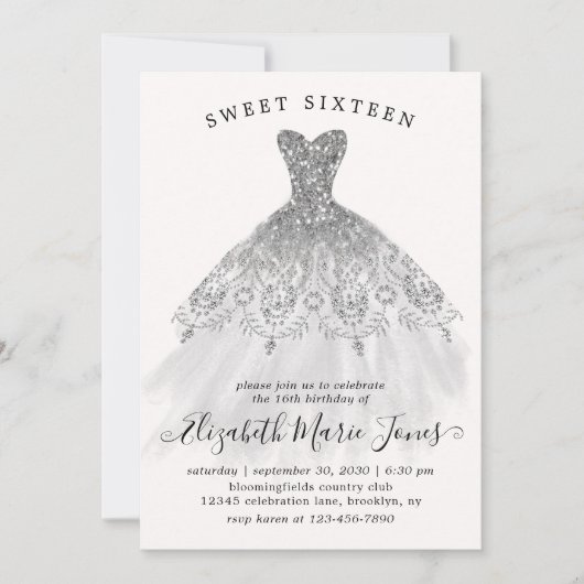 Invitation Robe mousseuse Parties scintillant argent Douce 16 (Devant)