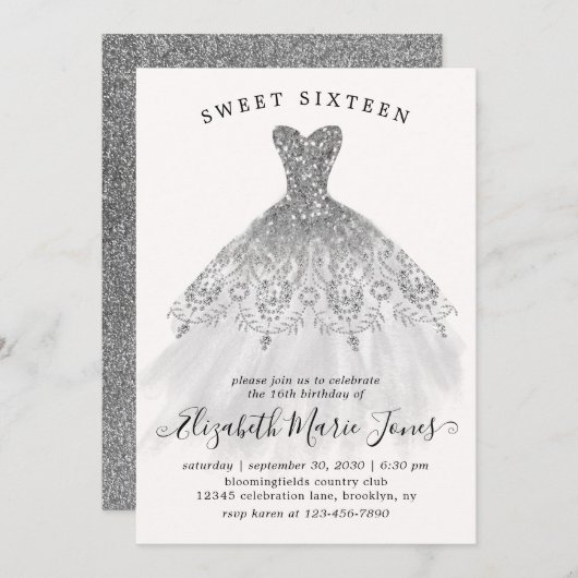 Invitation Robe mousseuse Parties scintillant argent Douce 16 (Devant / Derrière)