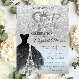 Invitation Robe noire à bokeh argenté Tour Eiffel Sweet 16