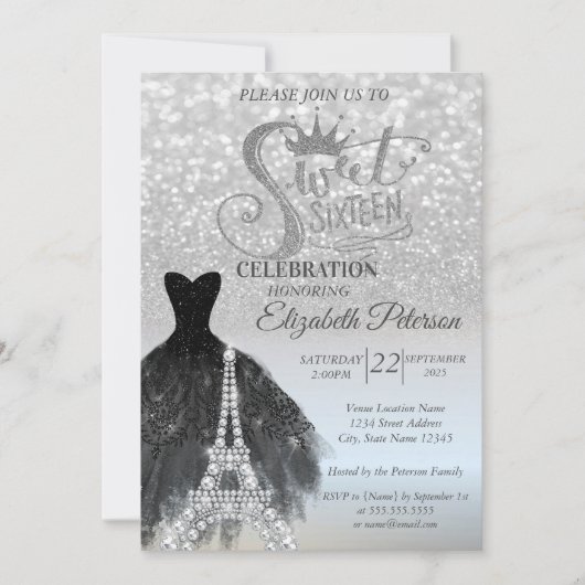Invitation Robe Noire Bokeh Argent Tour Eiffel Sweet 16 (Devant)