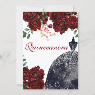 Invitation Robe noire Bourgogne Rouge Roses Quinceanera Party