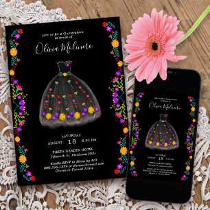 Invitation Robe noire charro de fiesta mexicaine Quinceanera