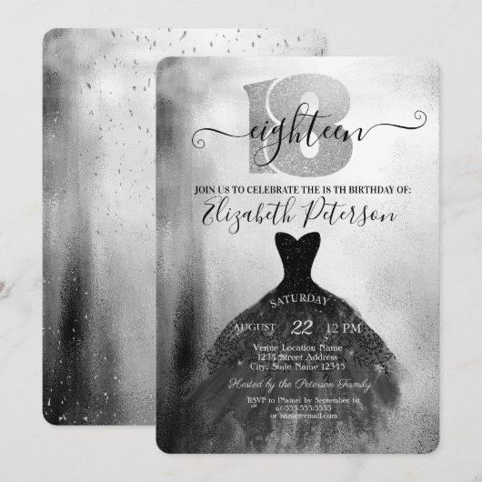 Invitation Robe Noire Chic Argent Confetti 18e anniversaire (Devant / Derrière)