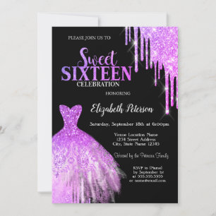Invitation Robe noire Cool Purple Glitter Drips, Sweet 16