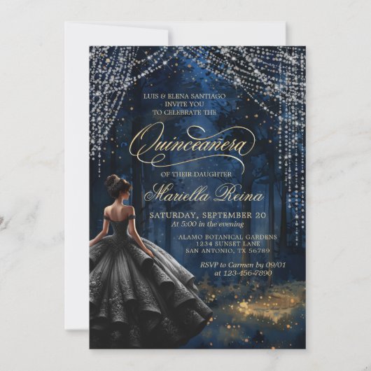 Invitation Robe noire en forêt enchantée Quinceañera (Devant)