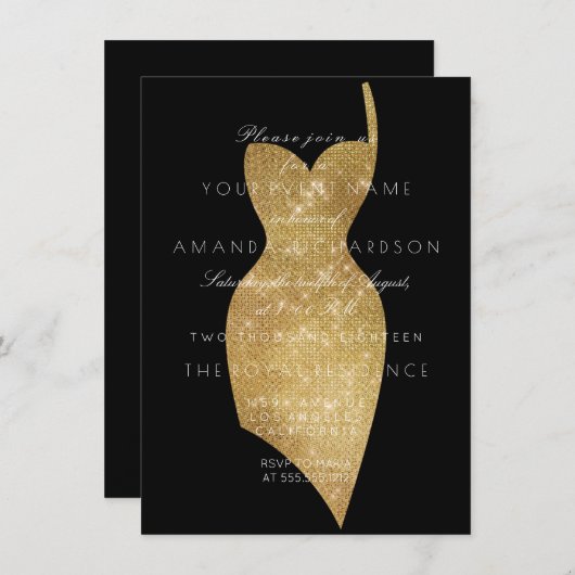 Invitation Robe Noire Golden Sparkly Minimal Sequin Formal (Devant / Derrière)
