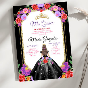 Invitation Robe noire Mis Quince 15 ans Mexicain Floral Or