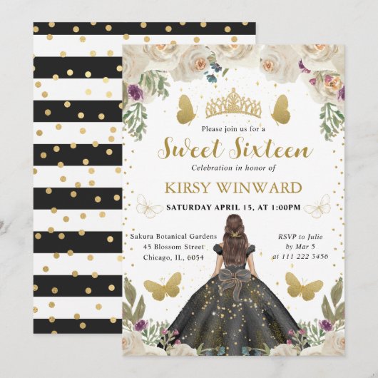 Invitation Robe noire princesse brune Sweet 16 (Devant / Derrière)