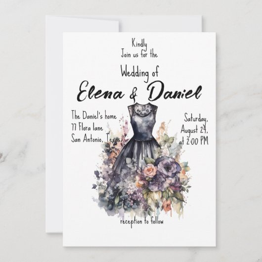 Invitation Robe noire rose d'aquarelle (Devant)