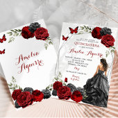 Invitation Robe noire Rose de Bourgogne rouge Quinceañera