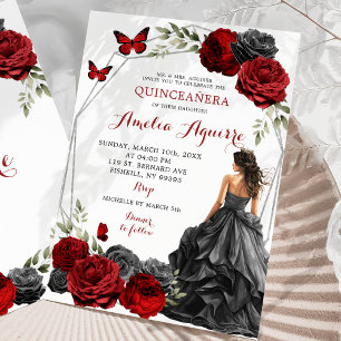 Invitation Robe noire Rose de Bourgogne rouge Quinceañera