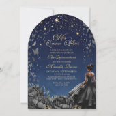 Invitation Robe noire Stars célestes Quinceanera (Devant)