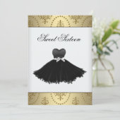 Invitation Robe Noire Sweet sixteen de lustre or Anniversaire (Debout devant)