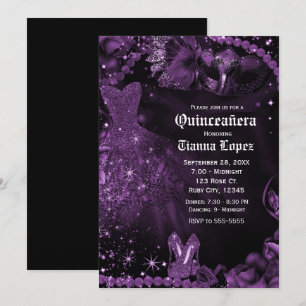 Invitation Robe noire violette Mascarade Quinceañera Fête des