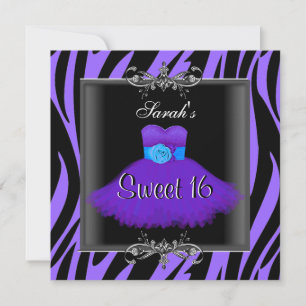 Invitation Robe noire zèbre violet Sweet Sixteen 16e annivers