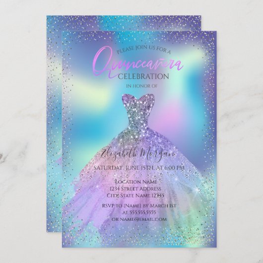 Invitation Robe Ombre, Confetti Holographique Quinceañera (Devant / Derrière)