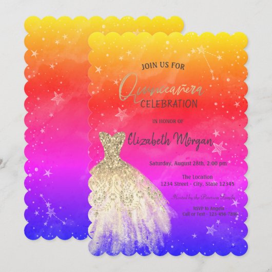 Invitation Robe Or Chic Stars Galaxy Colorful Quinceañera (Devant / Derrière)