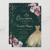 Invitation Robe Or de luxe, Diamants, Fleurs Quinceañera (Devant / Derrière)