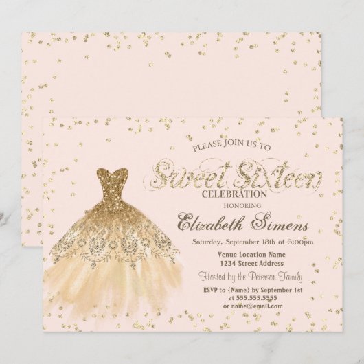 Invitation Robe Or Élégante Diamants Crème Sweet 16 (Devant / Derrière)