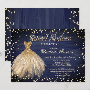 Invitation Robe Or Élégante Diamants Marine Bleu Sweet 16