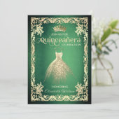 Invitation Robe or luxe vert chic tiara Quinceañera (Debout devant)