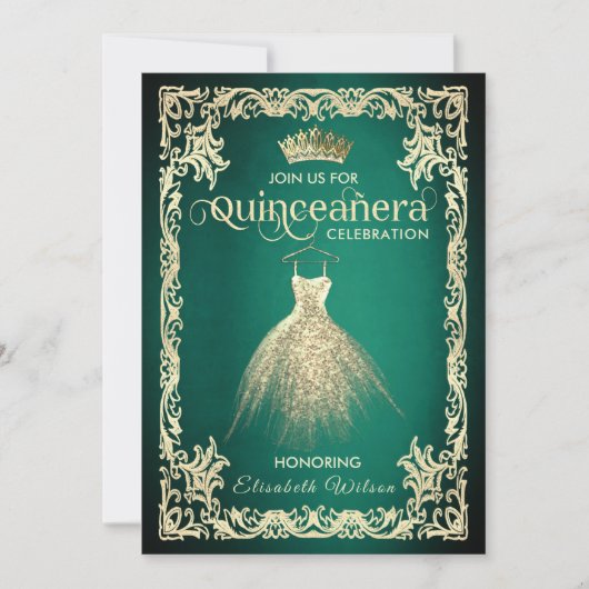 Invitation Robe or luxe vert chic tiara Quinceañera I (Devant)