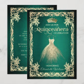 Invitation Robe or luxe vert chic tiara Quinceañera I (Devant / Derrière)