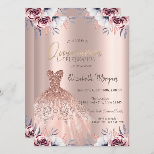 Invitation Robe or Rose chic Floral Quinceañera (Devant / Derrière)