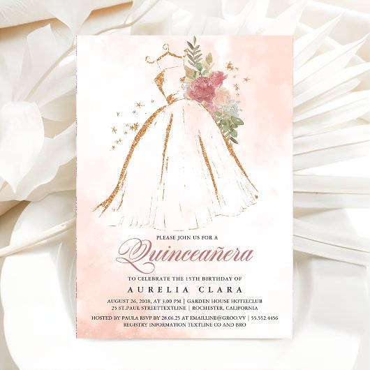 Invitation Robe or rose de Quinceañera 15e anniversaire