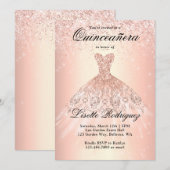 Invitation Robe or Rose élégante Quinceanera (Devant / Derrière)