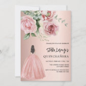 Invitation Robe or rose gold fleurs roses luxe Quinceanera (Devant)
