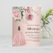 Invitation Robe or rose gold fleurs roses luxe Quinceanera (Debout devant)