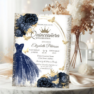 Invitation Robe pailletée bleue, Roses, Papillons Quinceañera