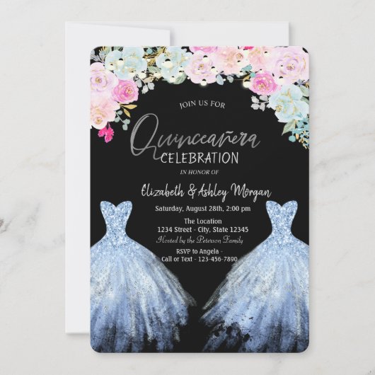 Invitation Robe pailletée chic fleurs bleues roses (Devant)